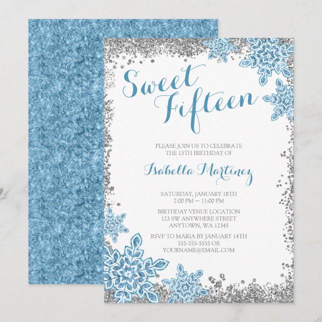 Invitation Sweet 15 Glam Winter Wonderland Silver Blue Invita (Devant / Derrière)