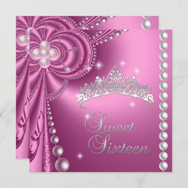 Invitation Sweet 16 16e anniversaire Silver White Pink Pearl (Devant / Derrière)