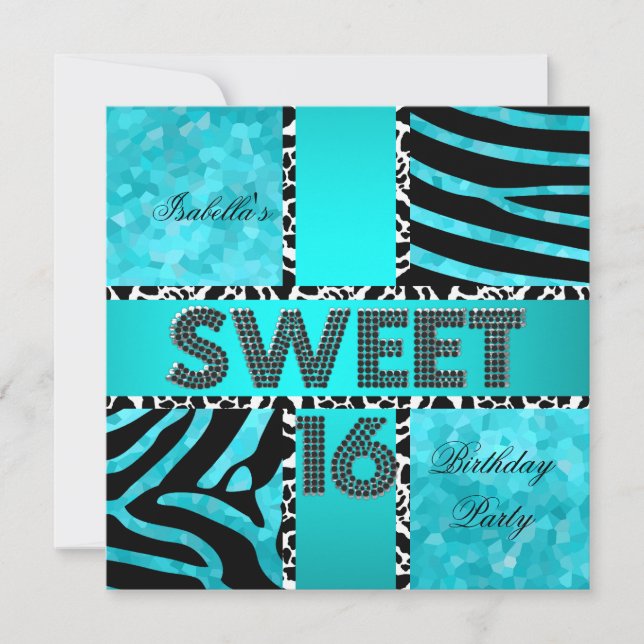 Invitation Sweet 16 16e anniversaire Zebra Cow Turquoise Noir (Devant)