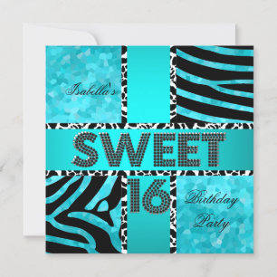 Invitation Sweet 16 16e anniversaire Zebra Cow Turquoise Noir