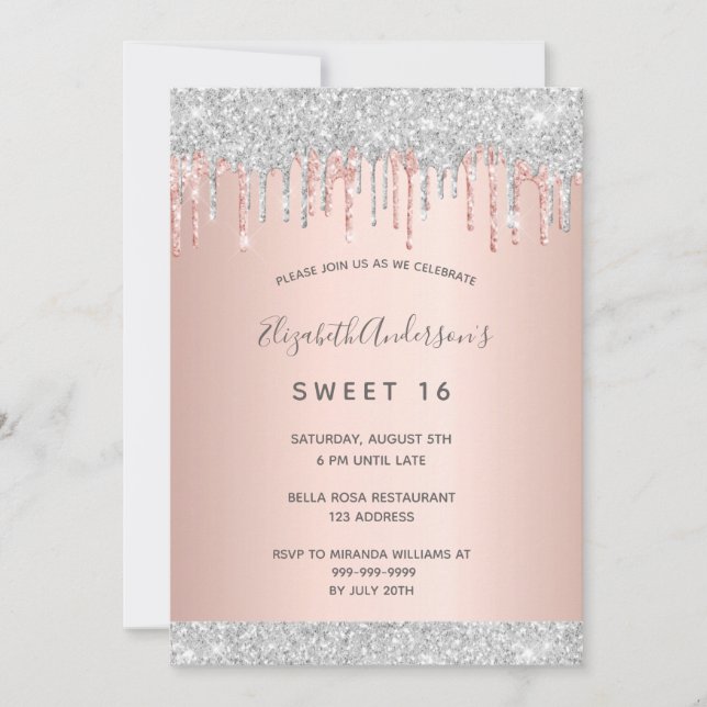 Invitation Sweet 16 16e fête argent parties scintillant rose  (Devant)