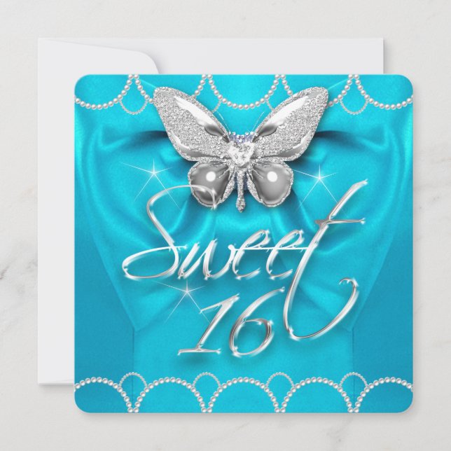 Invitation Sweet 16 16ème papillon bleu sarcelle perle fête (Devant)