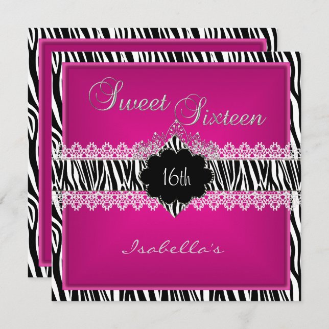 Invitation Sweet 16 16th Zebra Sweet sixteen en dentelle rose (Devant / Derrière)