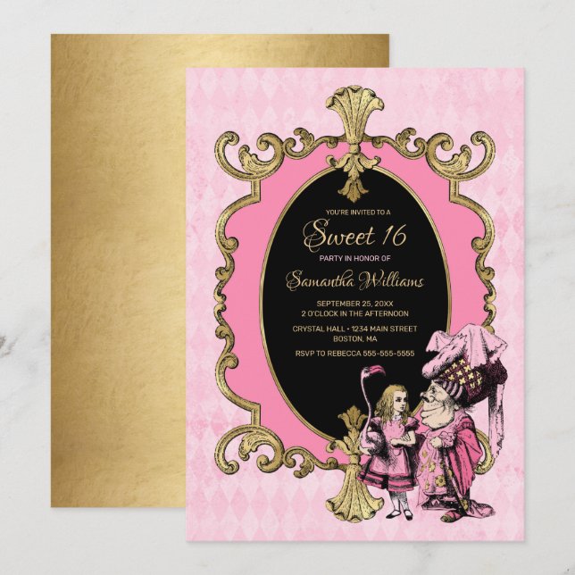 Invitation Sweet 16 Alice Dans Wonderland Pink Gold Party (Devant / Derrière)