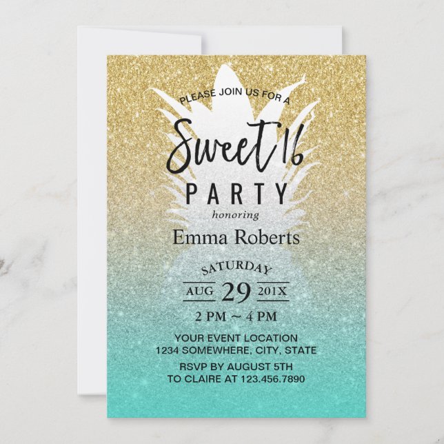 Invitation Sweet 16 Ananas Tropical Parties scintillant d'or  (Devant)