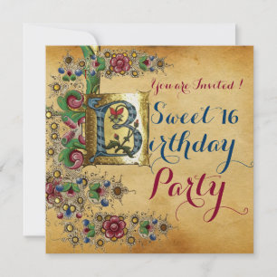 INVITATION SWEET 16 ANNIVERSAIRE ANCIEN PARCHEMENT FLORAL