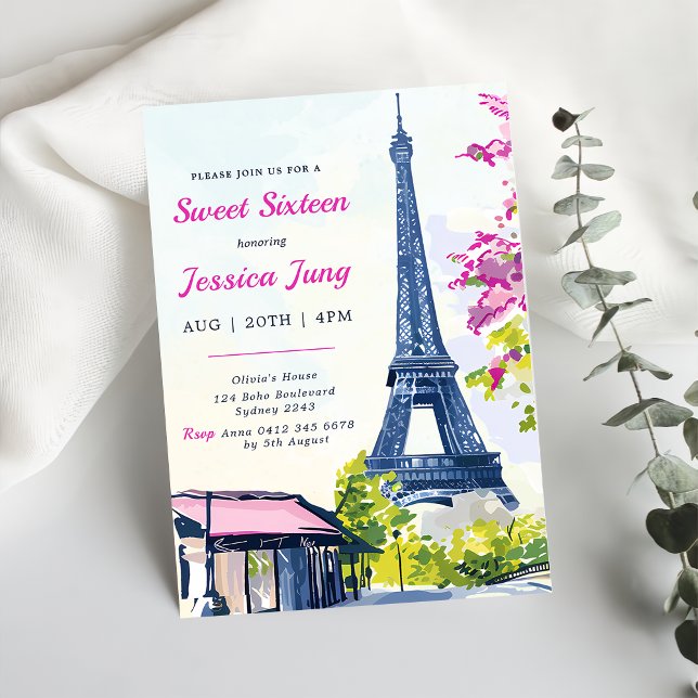 Invitation Sweet 16 Anniversaire Aquarelle Florale Tour Eiffe (Créateur téléchargé)