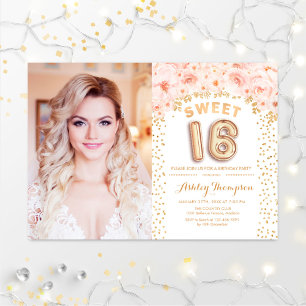 Invitation Sweet 16 Anniversaire Avec Photo - Floral Rose Or