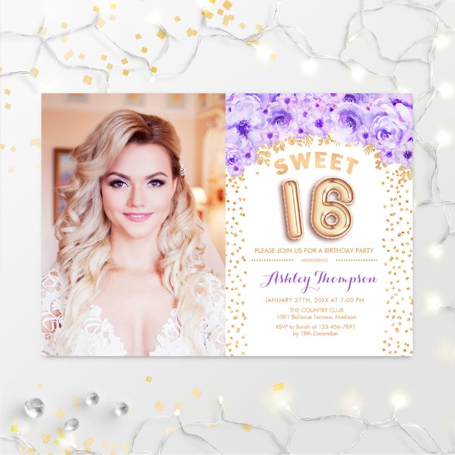 Invitation Sweet 16 Anniversaire Avec Photo - Gold Purple Flo (Créateur téléchargé)