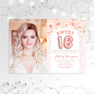Invitation Sweet 16 Anniversaire Avec Photo - Rose Gold Flora