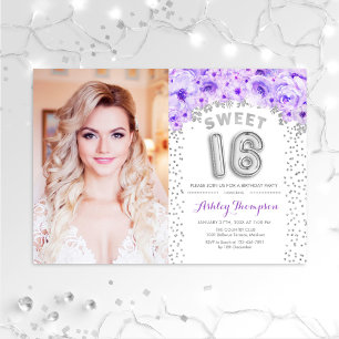 Invitation Sweet 16 Anniversaire Avec Photo Silver Purple Flo