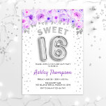 Invitation Sweet 16 Anniversaire - Ballons d'argent violet<br><div class="desc">Douce invitation de fête de 16 ans. Design élégant en argent faux parties scintillant avec accent floral. Carte Invitation avec le numéro d'argent 16 ballons,  police de script avec confetti. Violet et blanc. Parfait pour une célébration anniversaire de style seizième. Message-moi si vous avez besoin d'âge personnalisé.</div>