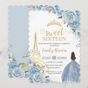 Invitation Sweet 16 Anniversaire Bleu Floral Paris Or