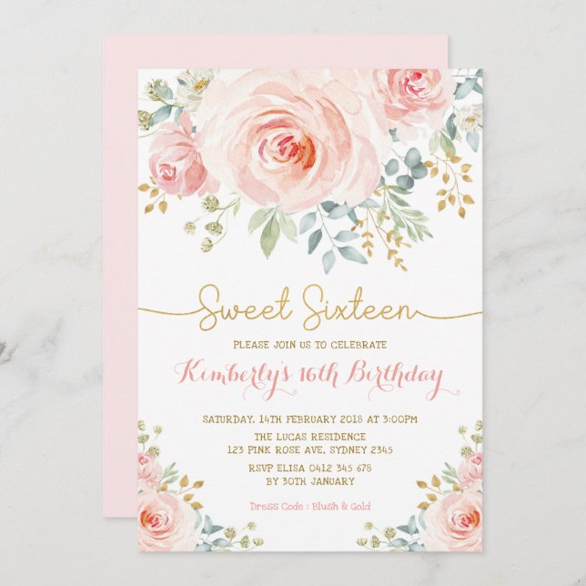 Invitation Sweet 16 Anniversaire Blush or Sweet sixteen Flora (Devant / Derrière)