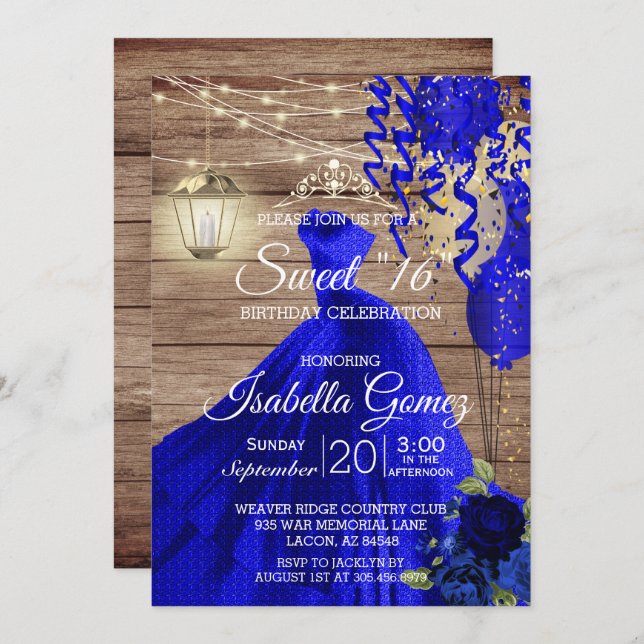 Invitation Sweet 16 Anniversaire - Bois et Fleurs Bleues (Devant / Derrière)