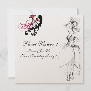 Invitation SWEET 16 ANNIVERSAIRE DE FÊTE MONOGRAM Rouge Black