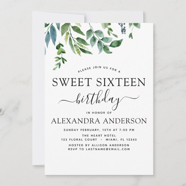 Invitation Sweet 16 Anniversaire de verdure botanique (Devant)