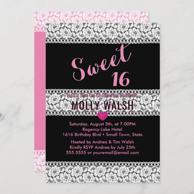 Invitation Sweet 16 Anniversaire Dentelle Black Rose Coeur (Devant / Derrière)
