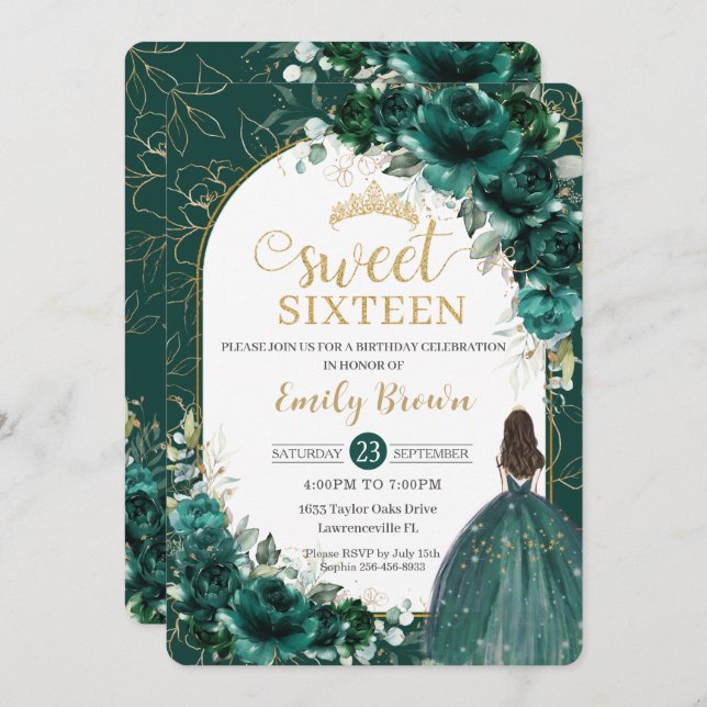 Invitation Sweet 16 Anniversaire Emerald Green Floral Princes (Devant / Derrière)