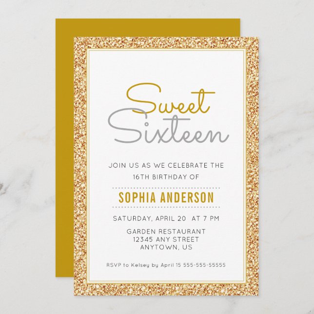 Invitation Sweet 16 Anniversaire Faux Gold Parties scintillan (Devant / Derrière)