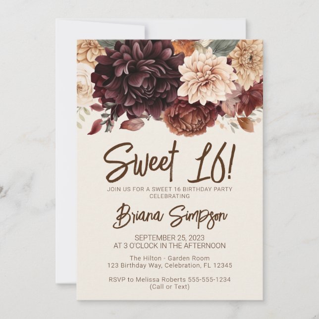 Invitation Sweet 16 Anniversaire Fête Brown Beige Ivory Flora (Devant)