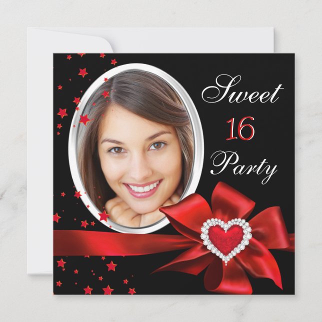 Invitation Sweet 16 Anniversaire Fête Rouge Coeur Photo Argen (Devant)