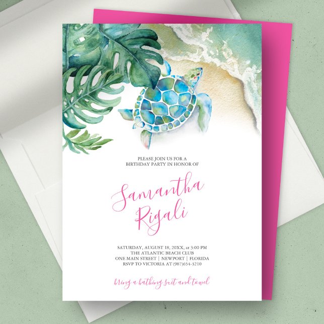 Invitation Sweet 16 Anniversaire Fête Thème Tropical Invitati (birthday party sweet 16 tropical luau sea turtle ocean waves green monstera palm leaves)