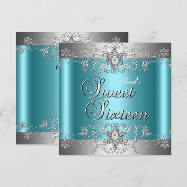 Invitation Sweet 16 Anniversaire fête Turquoise Bleu Argent D (Devant / Derrière)