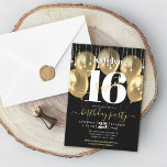 Invitation Sweet 16 Anniversaire Fille Glam Or Balloon sur No<br><div class="desc">"Bonne Douce 16". Faites-nous parvenir cette invitation de fête unique, simple, festive, moderne et personnalisée pour un événement à retenir. La typographie grasse, graphique, blanche et l'écriture manuscrite en or recouvrent des ballons d'or et des lampes à cordes brillantes d'or sur un arrière - plan noir sophistiqué. Personnalisez le texte...</div>