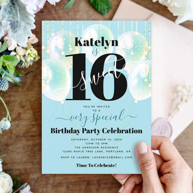 Invitation Sweet 16 Anniversaire Fille Glam Turquoise Ballons (Créateur téléchargé)