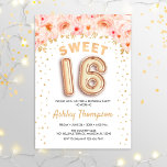 Invitation Sweet 16 Anniversaire - Floral Gold Balloons<br><div class="desc">Douce invitation de fête de 16 ans. Design élégant en parties scintillant d'or faux avec accent floral. Carte Invitation avec ballons numéro or 16,  police de script avec confetti. Corail blanc rose,  blanc. Parfait pour une célébration anniversaire de style seizième. Message-moi si vous avez besoin d'âge personnalisé.</div>