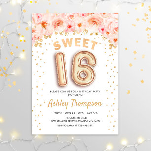 Invitation Sweet 16 Anniversaire - Floral Gold Balloons