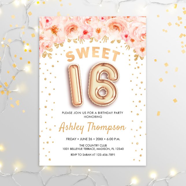 Invitation Sweet 16 Anniversaire - Floral Gold Balloons (Créateur téléchargé)