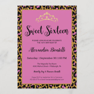 Invitation Sweet 16 Anniversaire Girly Pink Leopard Gold Part
