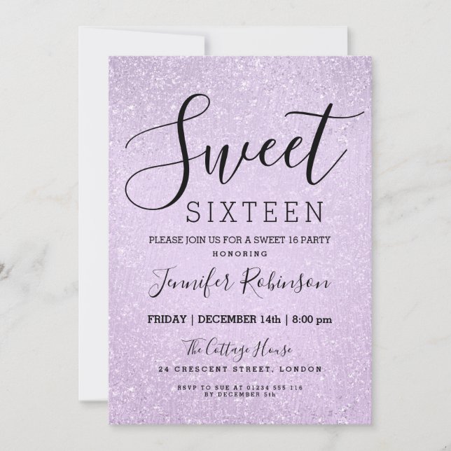 Invitation Sweet 16 Anniversaire Lavande Parties scintillant  (Devant)