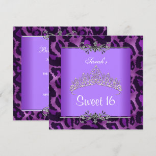 Invitation Sweet 16 Anniversaire Léopard Violet Argent Tiara