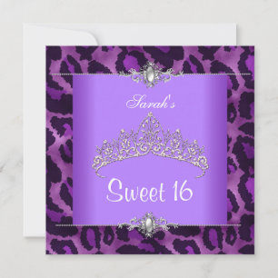 Invitation Sweet 16 Anniversaire Léopard Violet Argent Tiara 