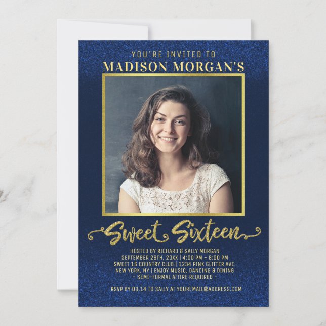 Invitation Sweet 16 Anniversaire Marine Blue Gold Parties sci (Devant)