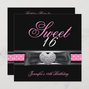 Invitation Sweet 16 Anniversaire Noir Rose Blanc Spot 3