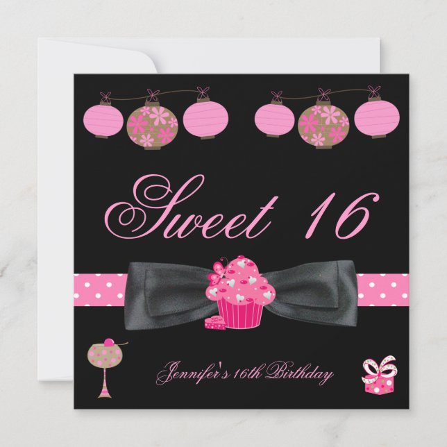 Invitation Sweet 16 Anniversaire Noir Rose Blanc Spot 4 (Devant)