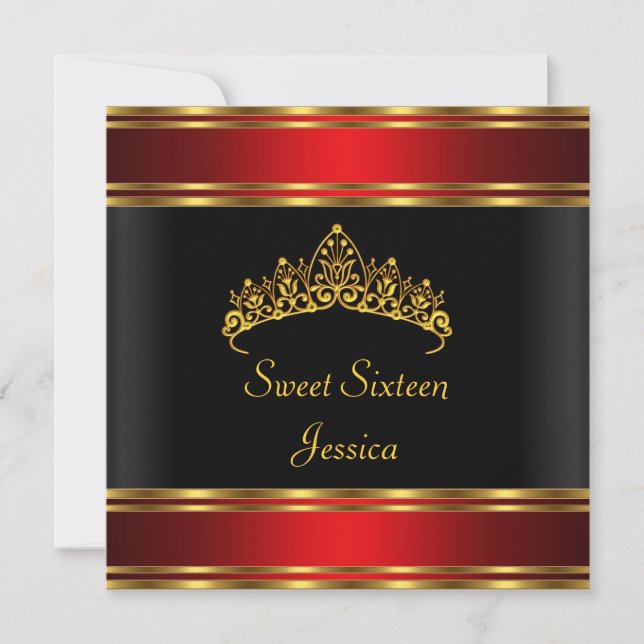 Invitation Sweet 16 Anniversaire Noir Rouge Or Argent Tiara (Devant)
