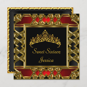 Invitation Sweet 16 Anniversaire Noir Rouge Or Tiara