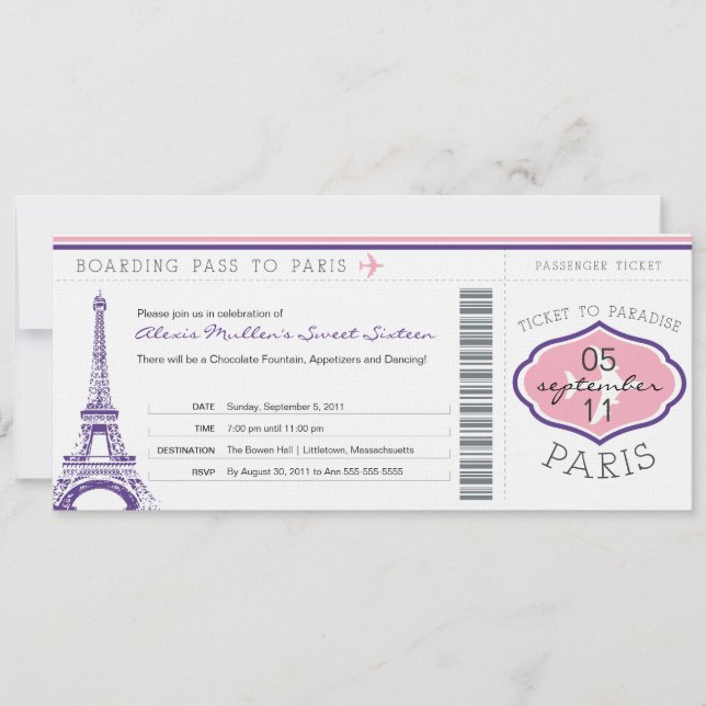 Invitation Sweet 16 Anniversaire Pass à Paris (Devant)