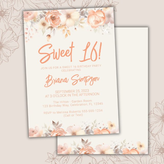 Invitation Sweet 16 Anniversaire Pêche Beige Ivory Floral (Créateur téléchargé)