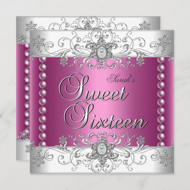 Invitation Sweet 16 Anniversaire Pink Pearl Diamant blanc (Devant / Derrière)