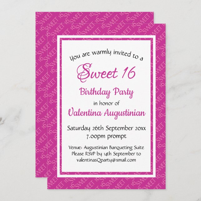 Invitation SWEET 16 Anniversaire PINK personnalisé (Devant / Derrière)
