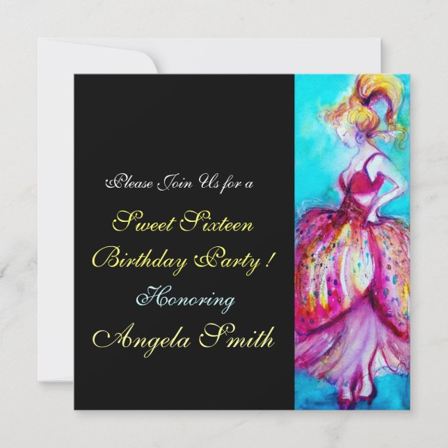 Invitation SWEET 16 ANNIVERSAIRE Pink Plue Turquoise Noir (Devant)