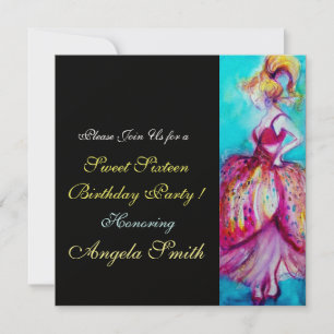 Invitation SWEET 16 ANNIVERSAIRE Pink Plue Turquoise Noir