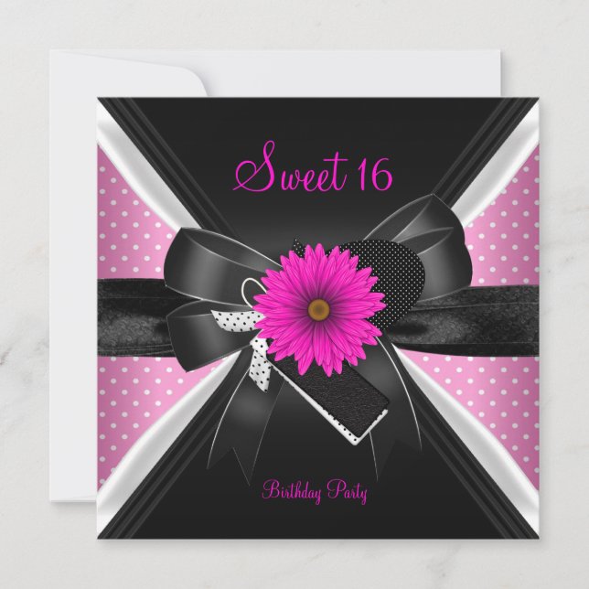 Invitation Sweet 16 Anniversaire Polka point noir blanc rose  (Devant)