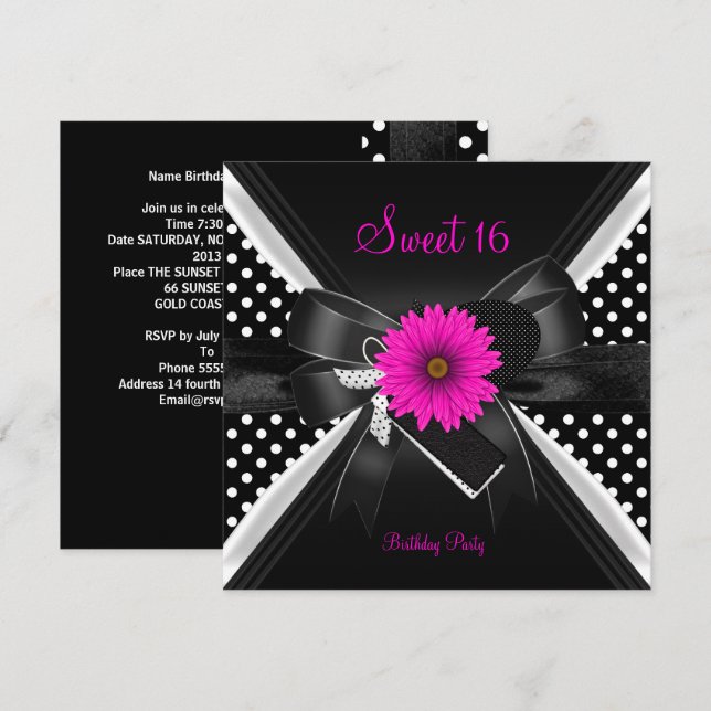 Invitation Sweet 16 Anniversaire Polka point noir blanc rose (Devant / Derrière)
